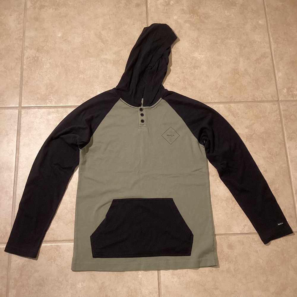 RVCA Olive Green and Black Long Sleeve Hooded Tee with Pocket Boys Size …